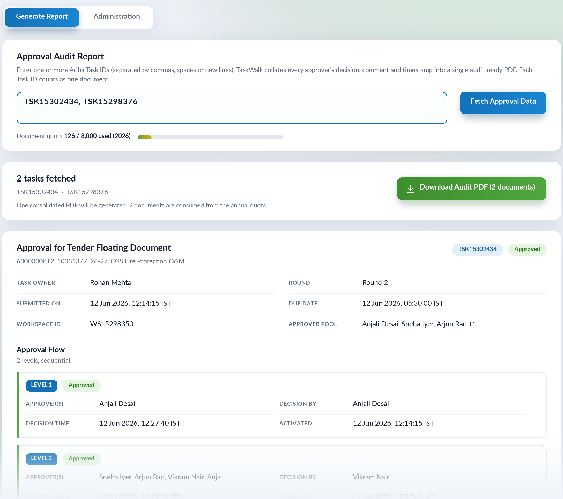 The generate report screen. Two task IDs have been entered and fetched, with a button to download the audit PDF. Below, the first task is shown with its owner, round, submitted and due dates, and an approval flow of two sequential levels, each with approver, decision by, decision time and activation time
