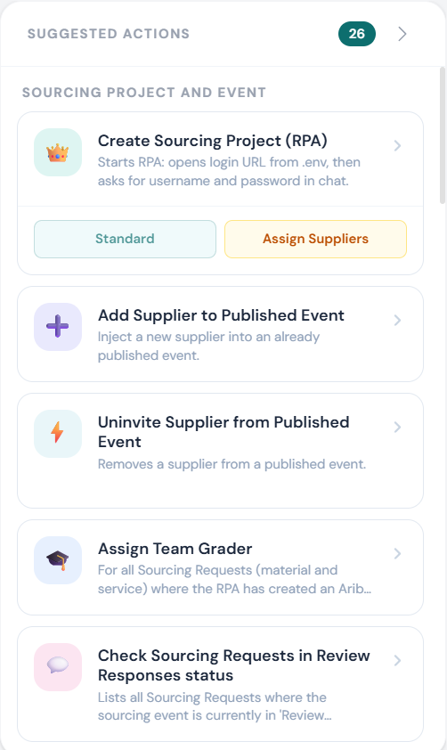 The assistant's suggested actions panel, listing Create Sourcing Project, Add Supplier to Published Event, Uninvite Supplier from Published Event, Assign Team Grader and Check Sourcing Requests in Review Responses status