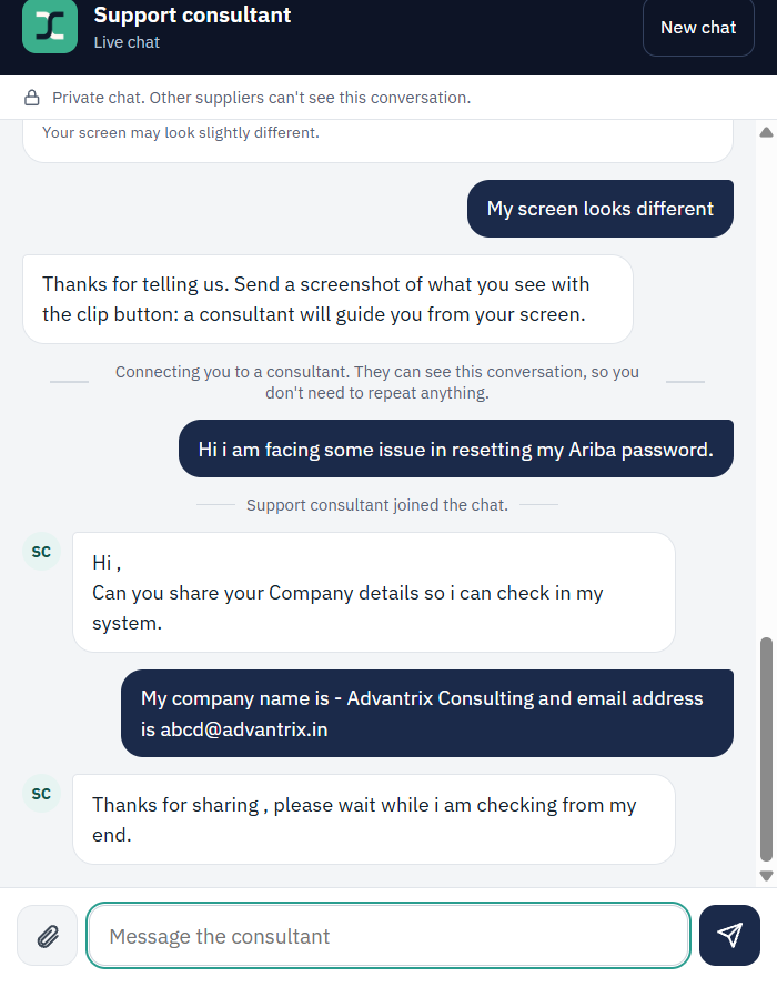 A live chat with a support consultant. The assistant says it is connecting the supplier to a consultant who can see the conversation, the consultant joins, asks for the company details and says they are checking